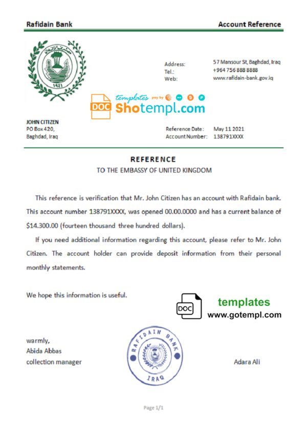 Iraq Rafidain bank account reference letter template in Word and PDF format