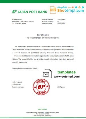 Japan Post bank account reference letter template in Word and PDF format