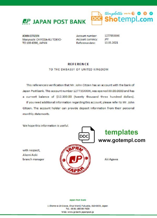 Japan Post bank account reference letter template in Word and PDF format