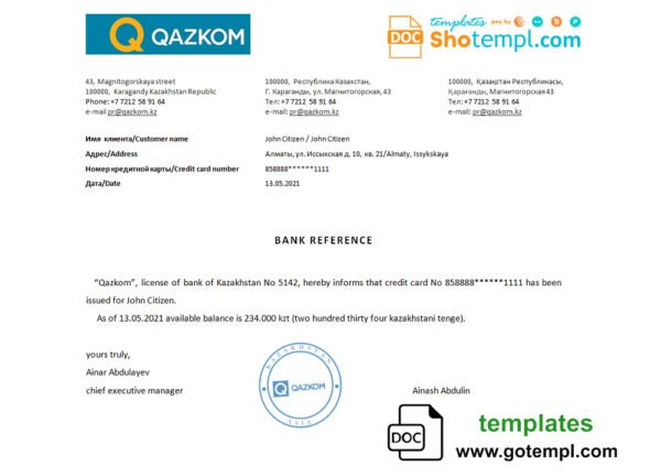 Kazakhstan Qazkom bank account reference letter template in Word and PDF format