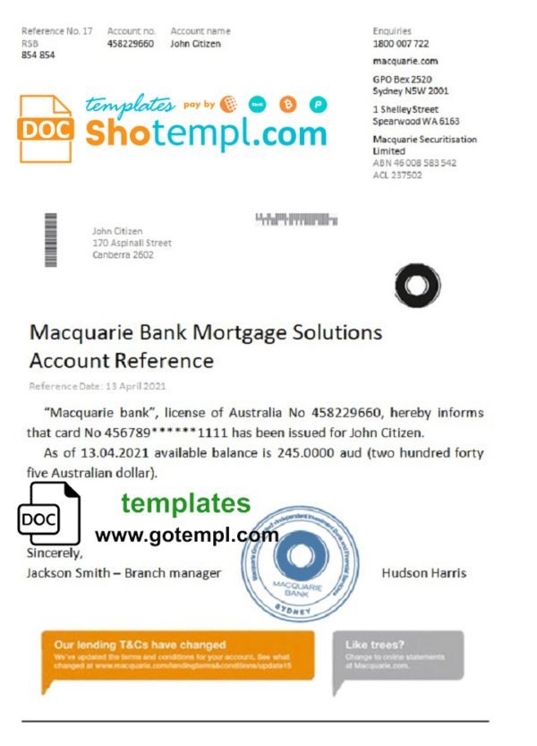 Australia Macquarie bank reference letter template in Word and PDF format