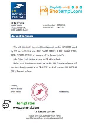 France La Banque Postale bank account reference letter template in Word and PDF format