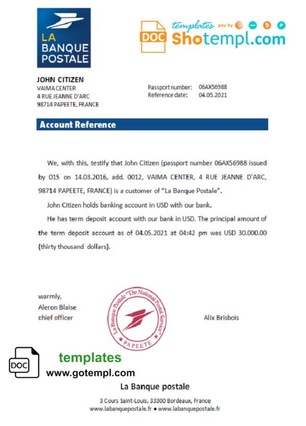 France La Banque Postale bank account reference letter template in Word and PDF format