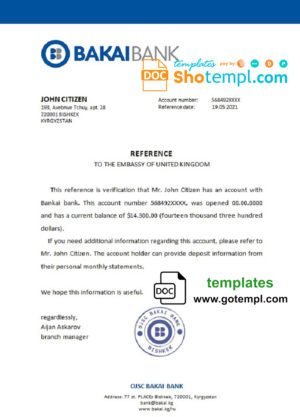 Kyrgyzstan OJSC Bakai Bank bank account reference letter template in Word and PDF format