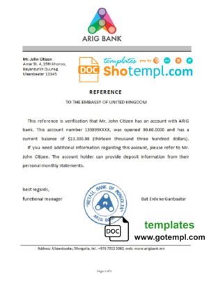Mongolia Arig Bank bank reference letter template in Word and PDF format