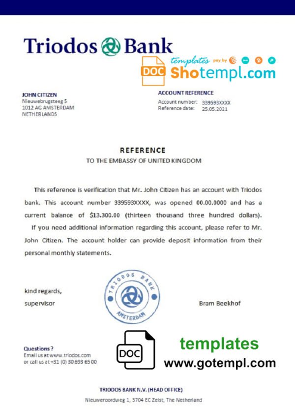 Netherlands Triodos Bank bank certificate template in Word and PDF format