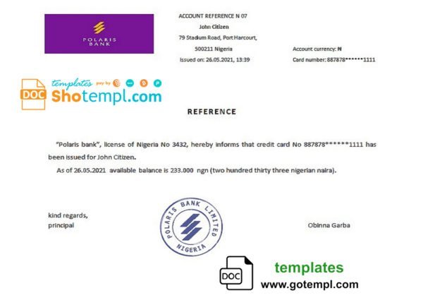 Nigeria Polaris Bank bank account reference letter template in Word and PDF format