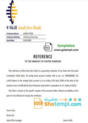 skill analytics bank template of bank reference letter, Word and PDF format (.doc and .pdf)