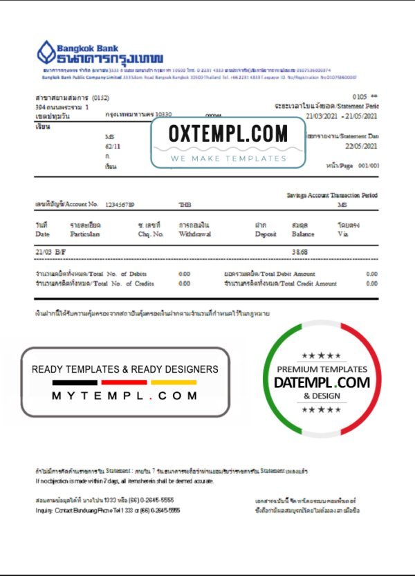 Thailand Bangkok bank account statement template in Word and PDF format