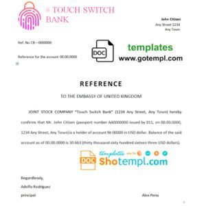 touch switch bank template of bank reference letter, Word and PDF format (.doc and .pdf)