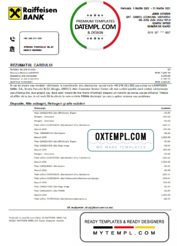 Romania Raiffeisen bank statement template in Word and PDF format (in Romanian language)