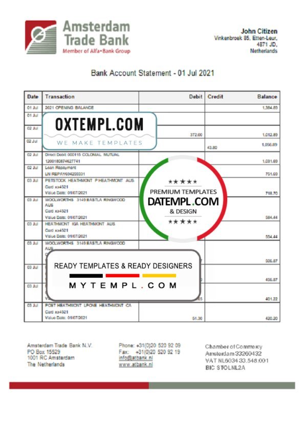 Netherlands Amsterdam Trade Bank statement template in Word and PDF format