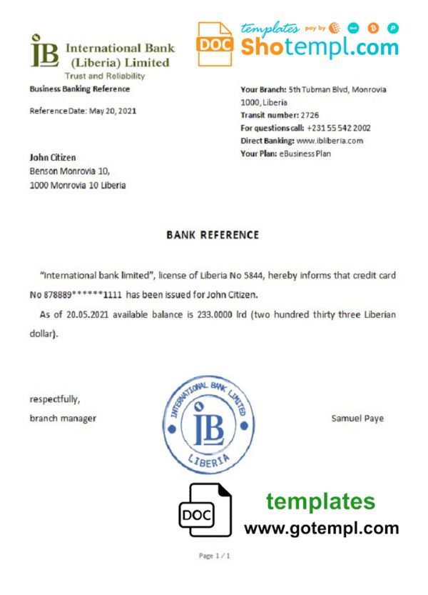 Liberia International Bank Limited bank reference letter template in Word and PDF format
