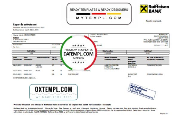 Romania Raiffeisen bank statement template in Word and PDF format