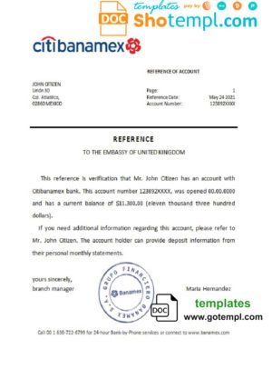 Mexico Citibanamex bank reference letter template in Word and PDF format