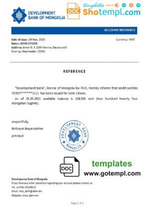 Mongolia Development Bank of Mongolia bank reference letter template in Word and PDF format