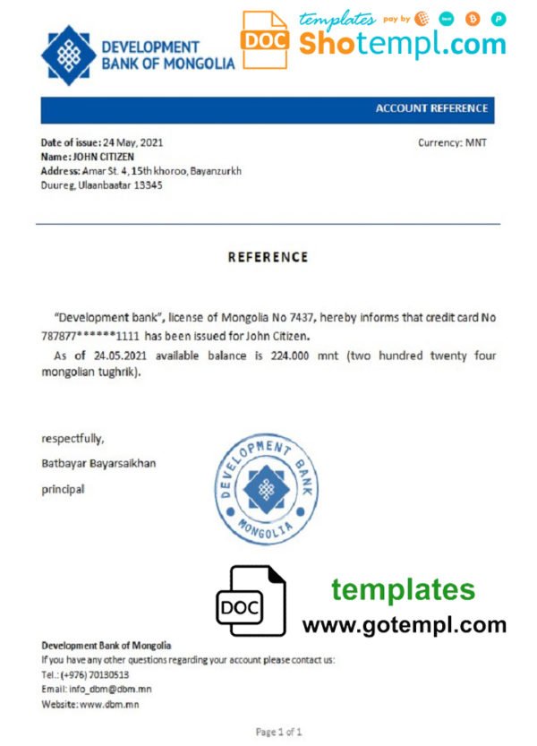 Mongolia Development Bank of Mongolia bank reference letter template in Word and PDF format