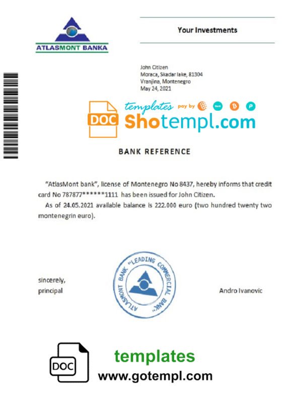 Montenegro Atlasmont banka bank reference letter template in Word and PDF format