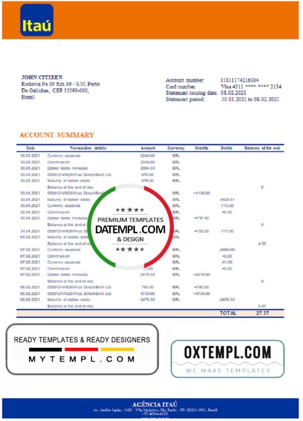 Brazil Itau bank statement template in Word and PDF format, fully editable