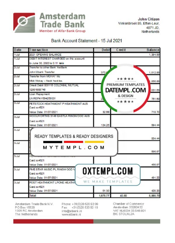 Netherlands Amsterdam Trade Bank statement template in Excel and PDF format