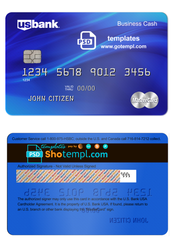 USA U.S. Bank mastercard card template in PSD format, fully editable