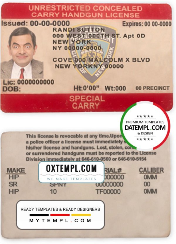 United States New York state unrestricted concealed carry license template in PSD format