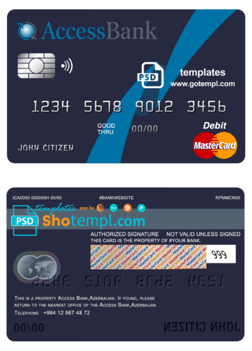 Azerbaijan Access Bank mastercard debit card template in PSD format, fully editable