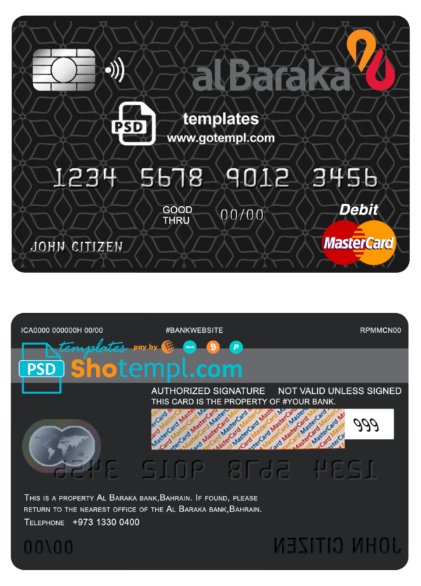 Bahrain Al Baraka bank mastercard debit card template in PSD format, fully editable