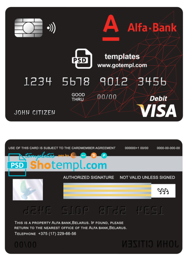 Belarus Alfa bank visa card debit card template in PSD format, fully editable