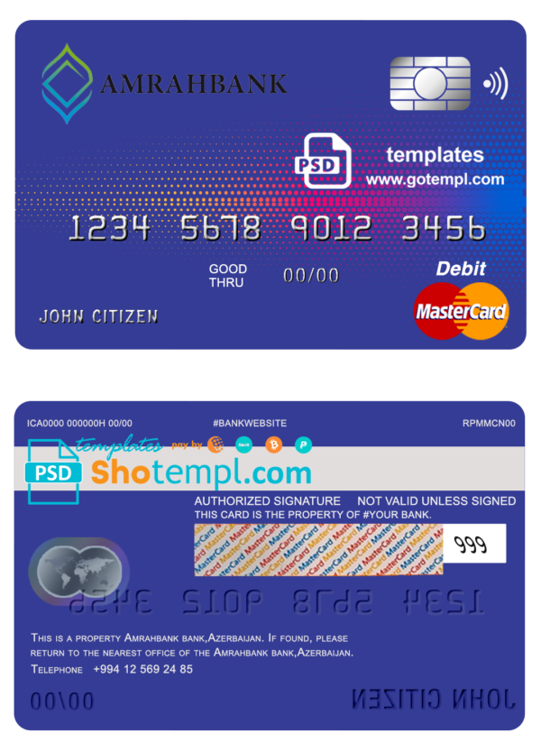 Azerbaijan Amrahbank bank mastercard debit card template in PSD format, fully editable