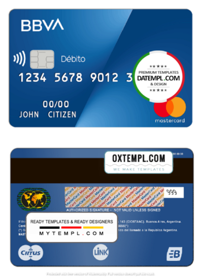 Argentina BBVA bank MasterCard debit card template in PSD format, fully editable, with all fonts