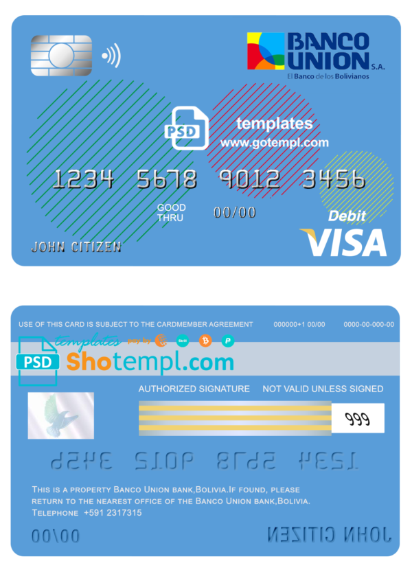 Bolivia Banco Union bank visa card debit card template in PSD format, fully editable