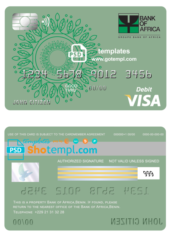 Benin Bank of Africa visa card debit card template in PSD format, fully editable