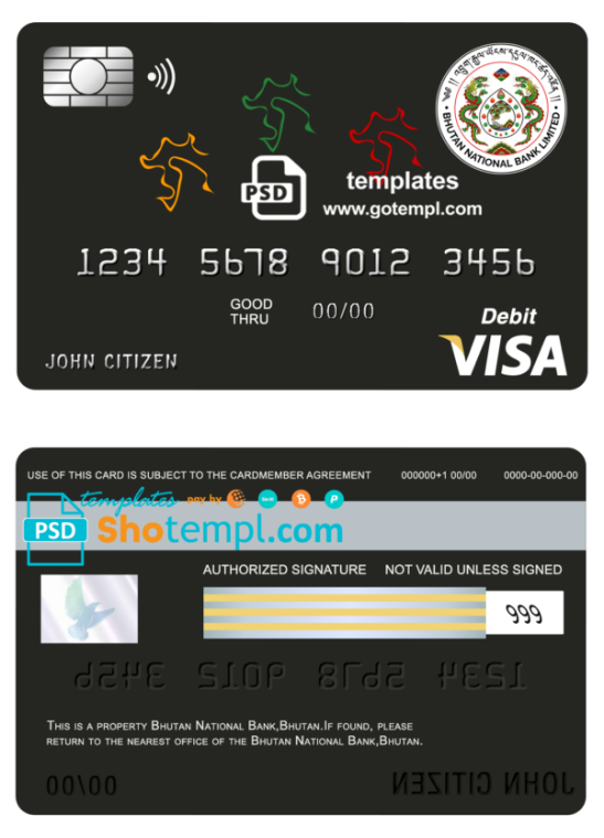 Bhutan National Bank visa card debit card template in PSD format, fully editable