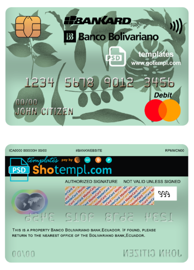 Ecuador Banco Bolivariano mastercard debit card template in PSD format, fully editable
