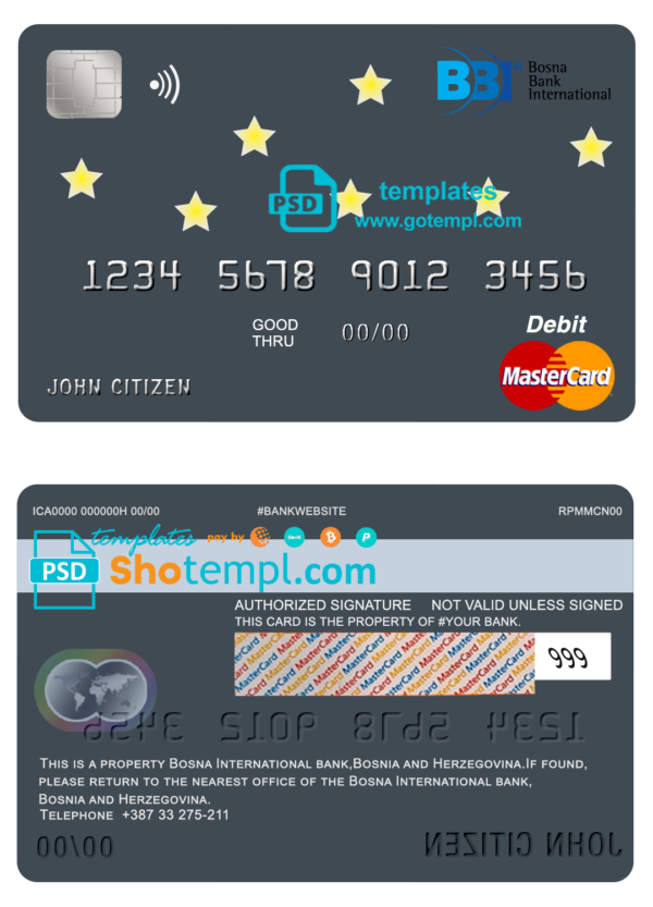 Bosnia and Herzegovina Bosna Bank International bank mastercard debit card template in PSD format, fully editable