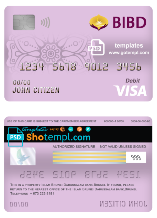 Brunei Bank Islam Brunei Darussalam bank visa card debit card template in PSD format, fully editable