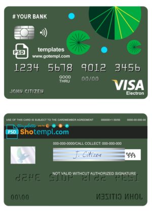 # budget green universal multipurpose bank visa electron credit card template in PSD format, fully editable