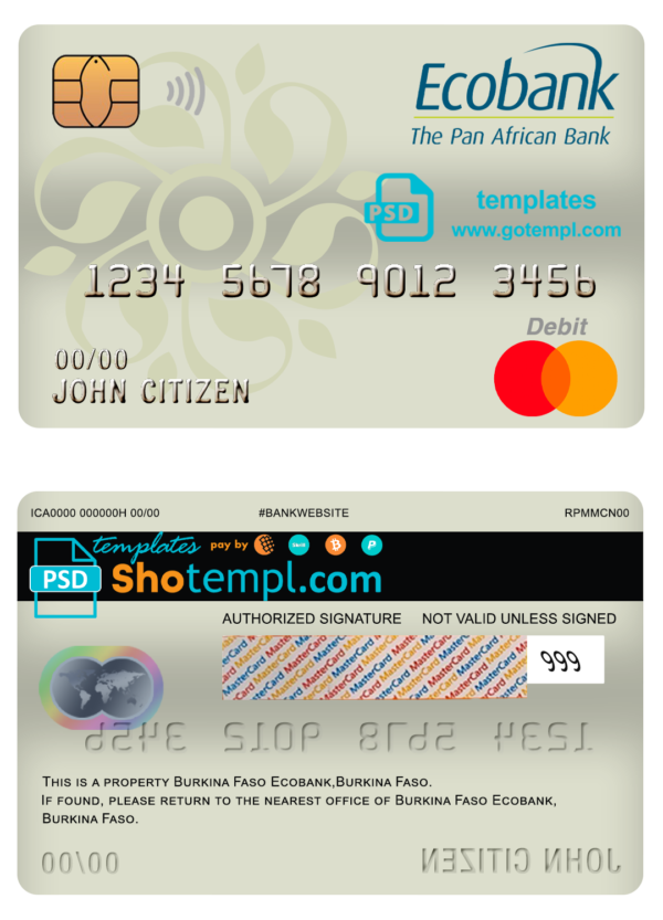 Burkina Faso Ecobank bank mastercard debit card template in PSD format, fully editable