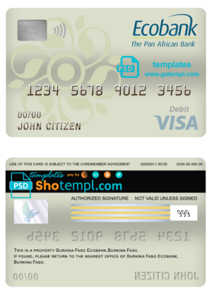 Burkina Faso Ecobank bank visa card debit card template in PSD format, fully editable