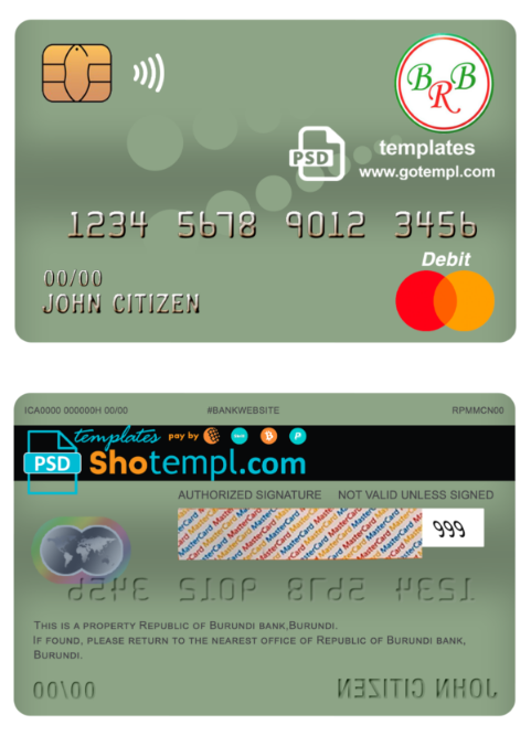 Burundi Bank of the Republic of Burundi mastercard debit card template in PSD format, fully editable