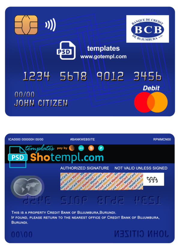 Burundi Credit Bank of Bujumbura bank mastercard debit card template in PSD format, fully editable