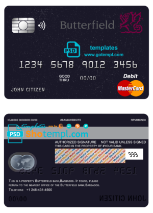 Barbados Butterfield bank mastercard debit card template in PSD format, fully editable