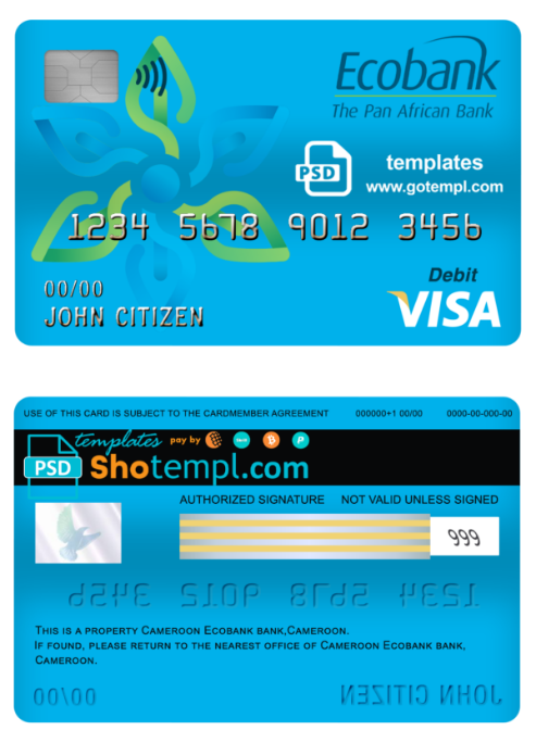 Cameroon Ecobank bank visa card debit card template in PSD format, fully editable