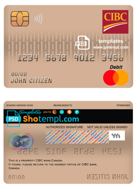 Canada CIBC bank mastercard debit card template in PSD format, fully editable