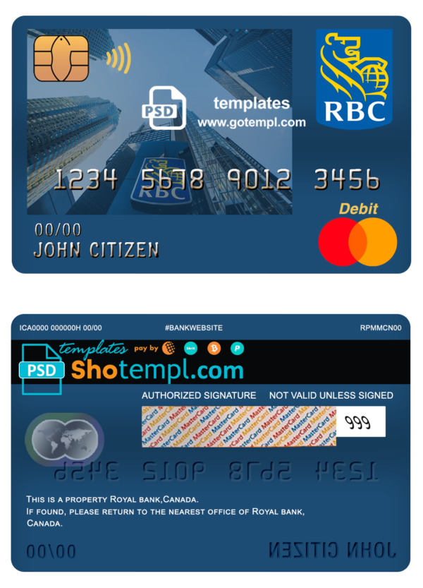 Canada Royal Bank of Canada (RBC) bank mastercard debit card template in PSD format, fully editable