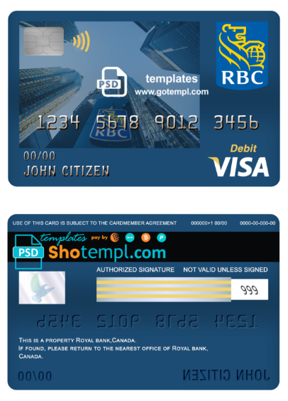 Canada Royal Bank of Canada (RBC) bank visa card debit card template in PSD format, fully editable