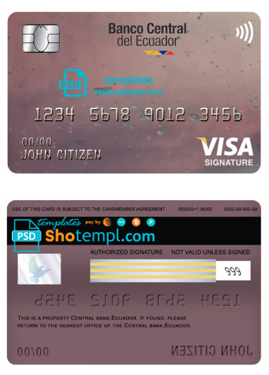 Ecuador Central Bank visa signature card template in PSD format, fully editable