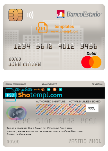 Chile Banco del Estado de Chile bank mastercard debit card template in PSD format, fully editable