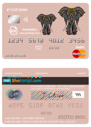# colored elephant multipurpose bank mastercard debit credit card template in PSD format, fully editable